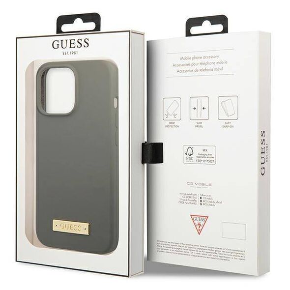 Original Case IPHONE 13 PRO Guess Hard Case Silicone Logo Plate MagSafe (GUHMP13LSPLG) gray 3666339056919