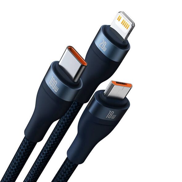 3in1 USB cable Baseus Flash Series 2, USB-C + micro USB + Lightning, 100W, 1.5m (blue) 6932172608781