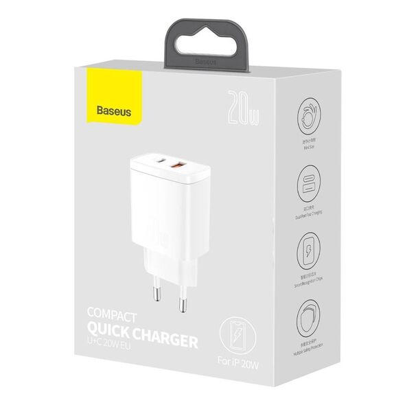 Baseus Compact Quick Charger, USB, USB-C, 20W (white) 6953156207240